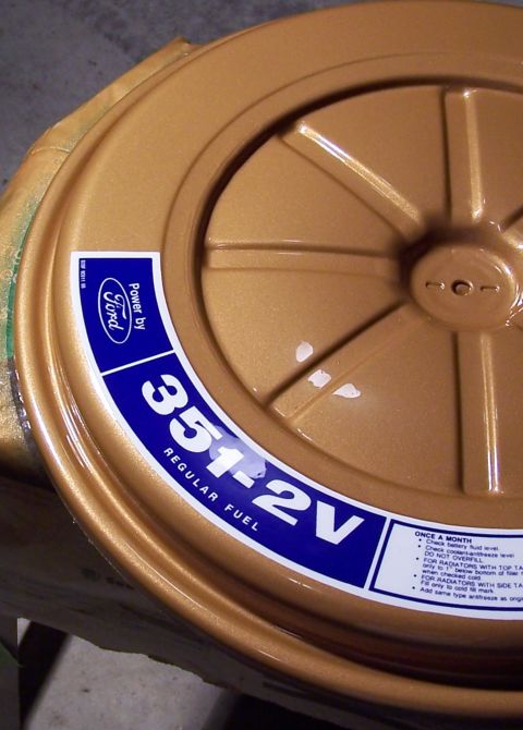 1973 Ford Ranchero - Here's a half shot of the air cleaner lid. The decal is new and lays under double layers of clear over the PPG gold. It's in the car now an…