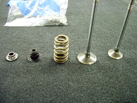 2003 Ford Mustang - Engine valves and springs are displayed on a carpeted surface, with a bag of additional parts in the background.