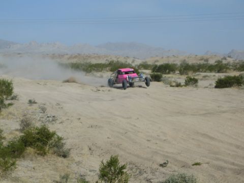 Pink off-road buggy racing through brush-dotted desert kicking up dust