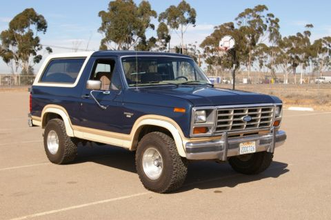 1986 Ford Bronco - This 1986 Ford Bronco is parked on asphalt with trees and a basketball hoop in the background.