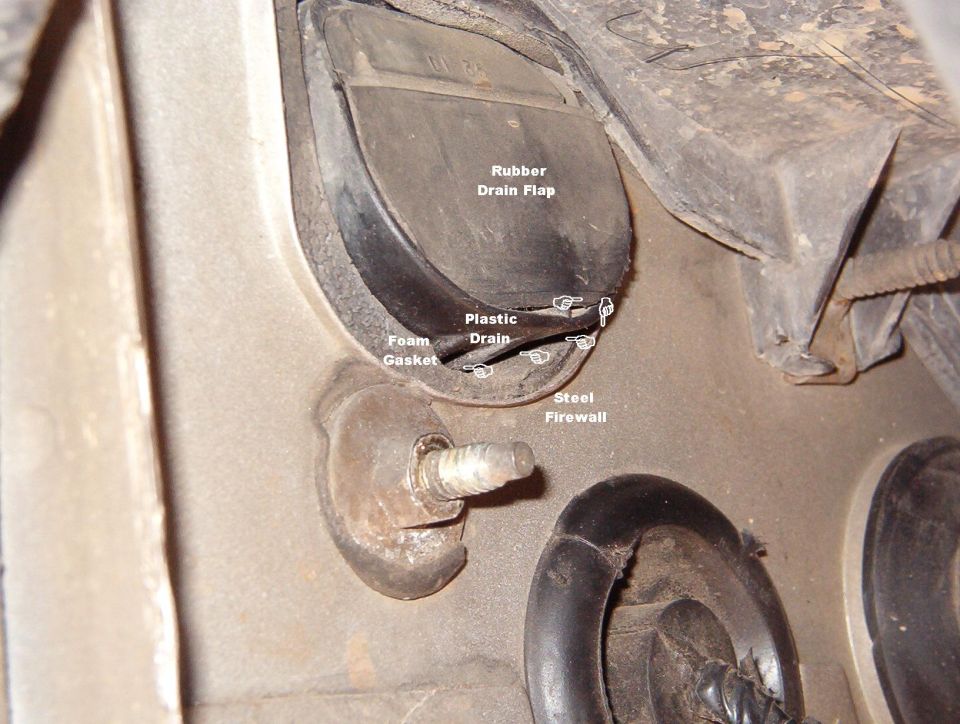 This is a common problem for all '92-98 Panthers. Water draining from the A/C system runs out under the rubber flap & then back inside the firewall under the passenger front carpet & collects in the R rear footwell.