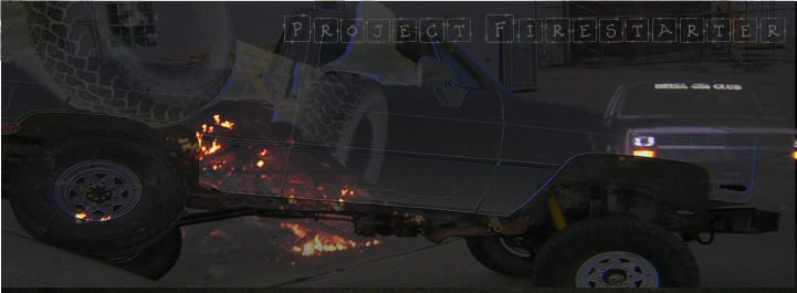 1986 Chevrolet Blazer side view with flames visible underneath and another vehicle behind it