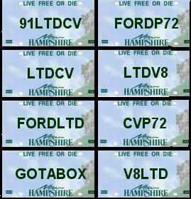 1991 Ford LTD Crown Victoria - Collection of New Hampshire license plates, some with custom text related to Ford vehicles.