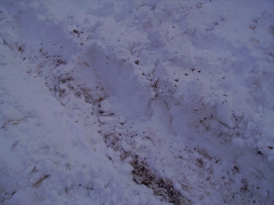 tire tracks in snow with some dirt visible