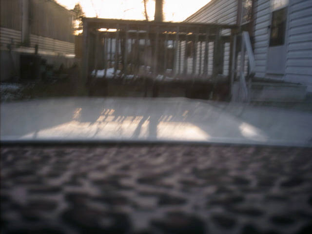 Car hood reflecting a wooden deck and house exterior in the background