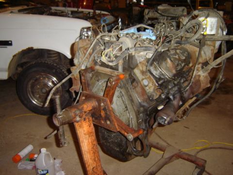 1992 Ford Bronco - Engine removed from a 1992 Ford Bronco, mounted on an engine stand for service.