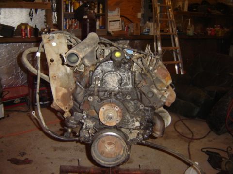 1992 Ford Bronco - This is a close-up view of a dirty engine sitting on an engine stand in a workshop.