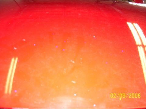 1994 Ford Probe - Close-up of a red car hood showing reflections and dust, with a date stamp of 02/09/2006.