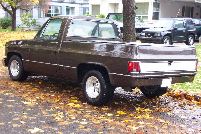 Brown pickup truck parked on a street with fallen leaves, another SUV visible behind it