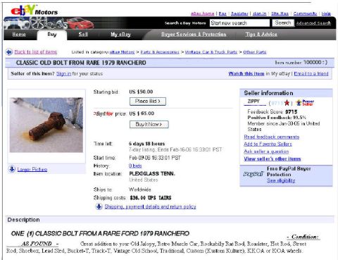 2002 Ford Crown Victoria - A single rusty bolt is shown in detail on a ledge, listed for sale on eBay.