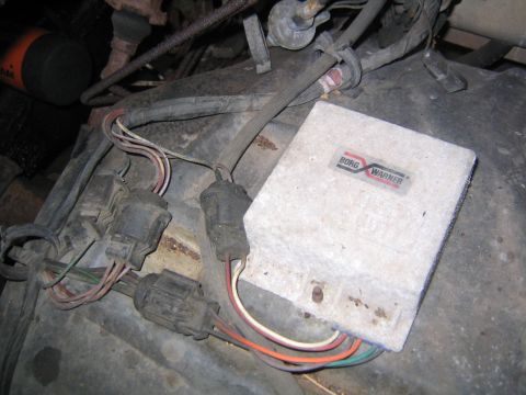 1978 Ford Bronco - Close-up view of engine wiring and a Borg Warner ignition module.