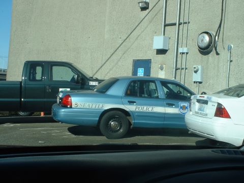 1999 Ford Crown Victoria - A blue 1999 Ford Crown Victoria police car is parked next to a dark pickup truck and a white vehicle.