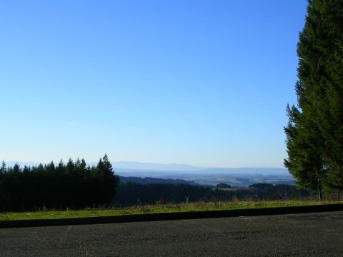 1996 Ford Probe - A wide view of a valley with rolling hills, dense forests, and distant mountains under a bright blue sky.