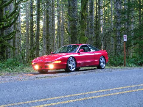 1996 Ford Probe - A red 1996 Ford Probe sits on the shoulder of a road, surrounded by a moss-covered forest.