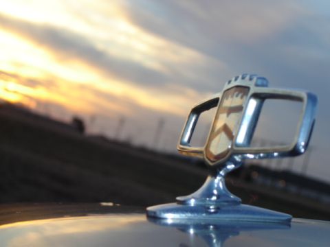 1988 Ford LTD Crown Victoria - A chrome hood ornament with a shield emblem is visible against a dramatic sunset sky.