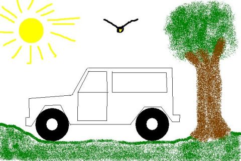 1993 Ford Bronco - A crudely drawn white SUV is depicted in profile next to a tree, with a sun and a bird in the sky.