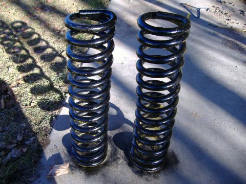 1979 Ford Bronco - Two black coil springs sit on a concrete surface next to a grassy area.