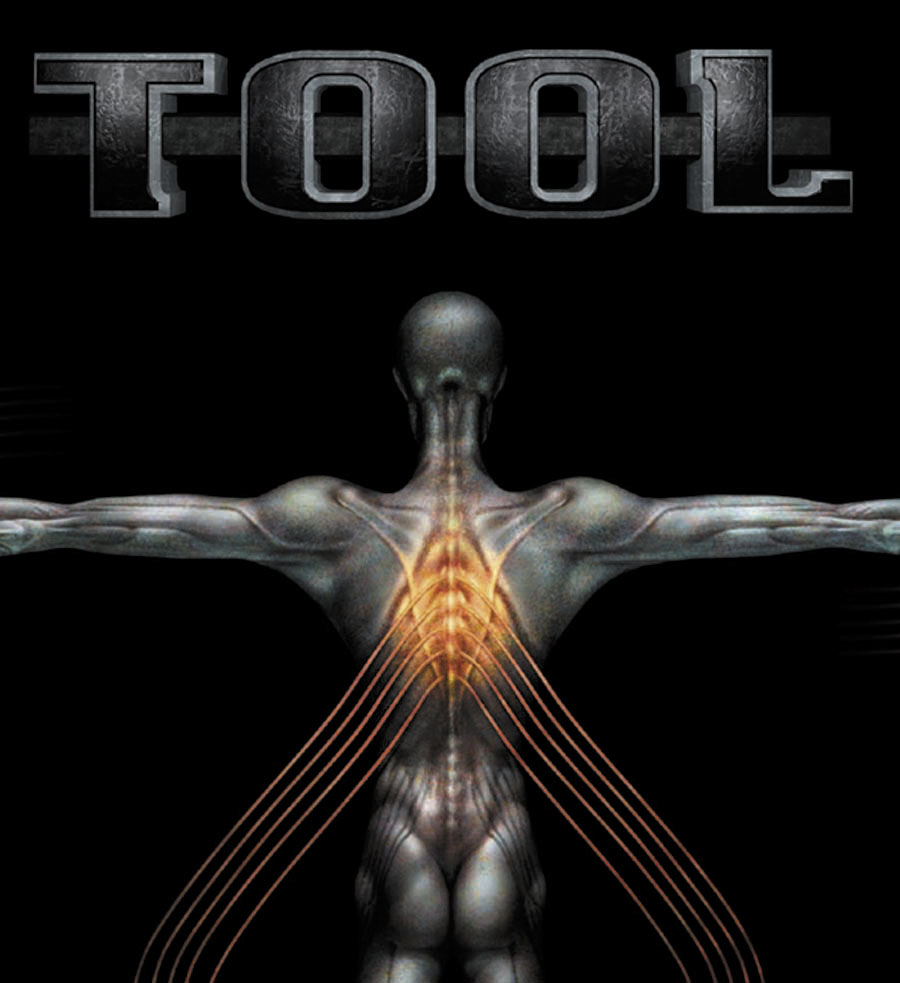 Graphic art with the word TOOL and a stylized human figure's spine