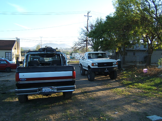 Rear view of a black and red Ford pickup truck with a white Ford pickup truck parked in front of it