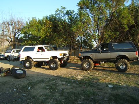 1988 Ford Bronco - Two lifted Ford Broncos, a white 1988 model and a two-tone gray and black model, are parked outdoors.