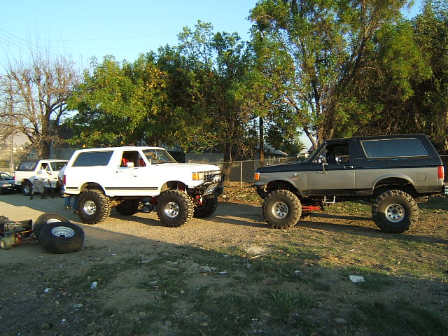 Two lifted Ford Broncos parked side-by-side, one white and one two-tone gray and black. A white 1988 Ford Bronco is on the left