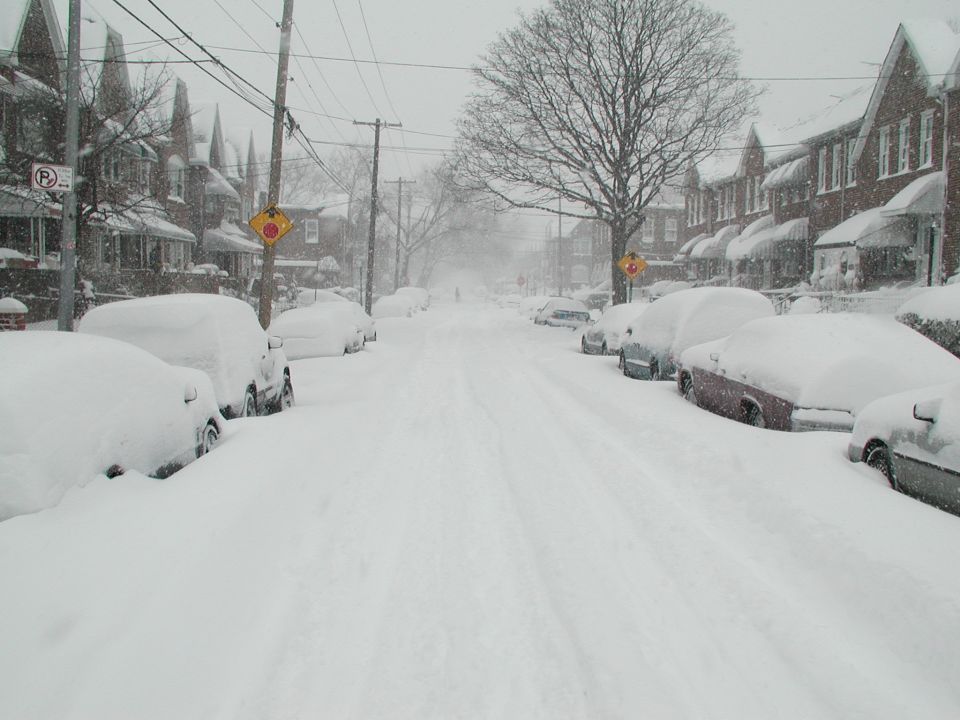 Down the middle of the street.