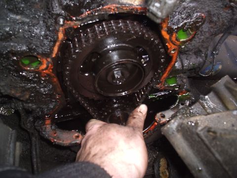 1989 Ford Bronco - Close-up view of an engine's timing chain and gears, showing signs of wear and fluid leaks.