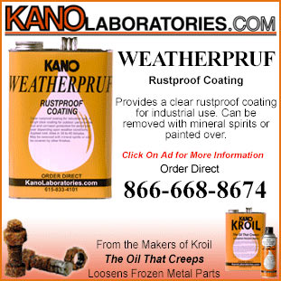 1985 Ford Bronco - Advertisement for Kano Laboratories Weatherpruf Rustproof Coating, offering industrial rustproofing and metal part loosening solutions.