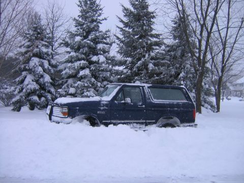 1994 Ford Bronco - A dark blue SUV is stuck in deep snow, surrounded by snow-laden trees.