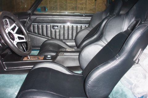 1979 Pontiac Trans Am - Interior view of a 1979 Pontiac Trans Am, showing black leather bucket seats and door panels.