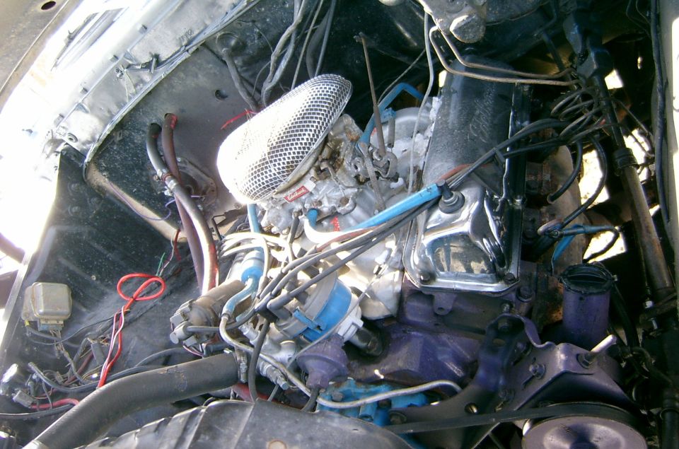 Engine bay with carburetor, air filter, and wiring. Some parts are painted purple