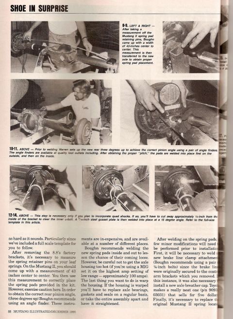 1978 Ford Mustang II - Article details the process of welding spring pads to a rear axle assembly, referencing measurements and tools.