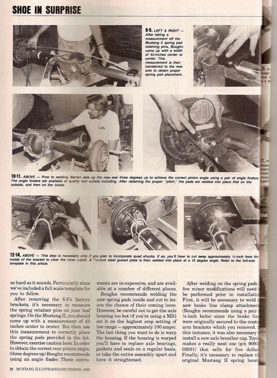 Mustang II spring pad placement and welding steps on a replacement 8.8 rear axle, magazine page