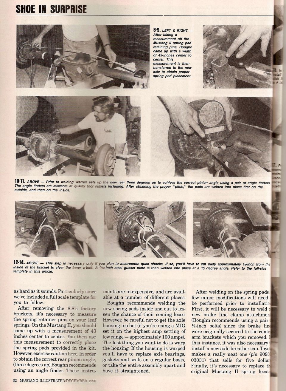 Magazine page on welding Mustang II spring pads to an 8.8 rear axle with photo steps