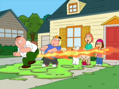 1991 Ford Bronco - Animated characters are depicted in front of a suburban house, with a fiery emission emanating from one character.