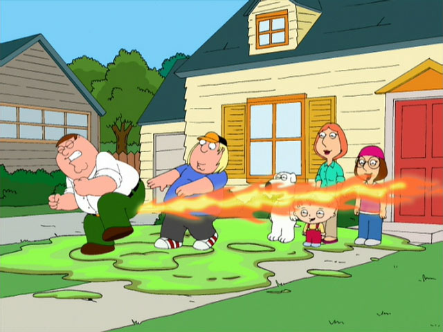 Animated characters in front of a house with a fiery emission
