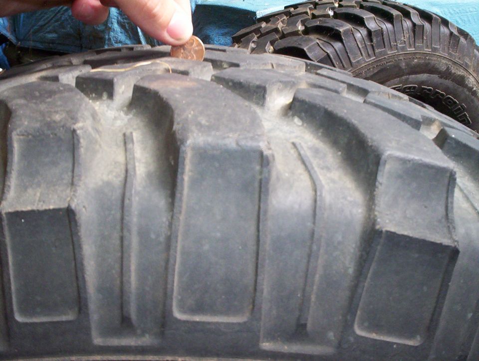 Penny placed on tire tread to show depth