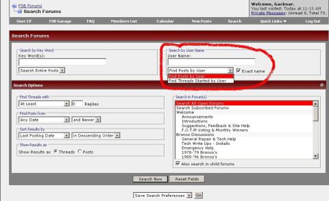 1986 Ford Bronco - A screenshot of a web forum interface, detailing search functionalities and a list of available discussion topics.