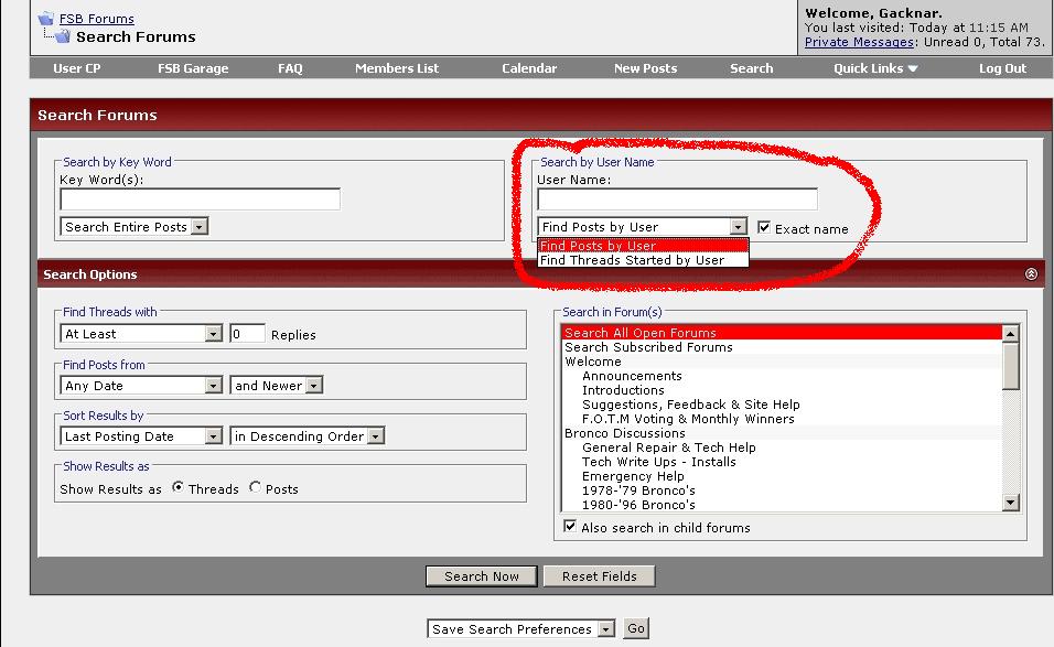 Computer screen showing a web forum with search options and forum list, including '1970-79 Bronco's' and '1980-96 Bronco's'