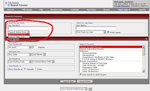 1986 Ford Bronco - A screenshot of a web forum's search interface, displaying various search criteria and forum options.