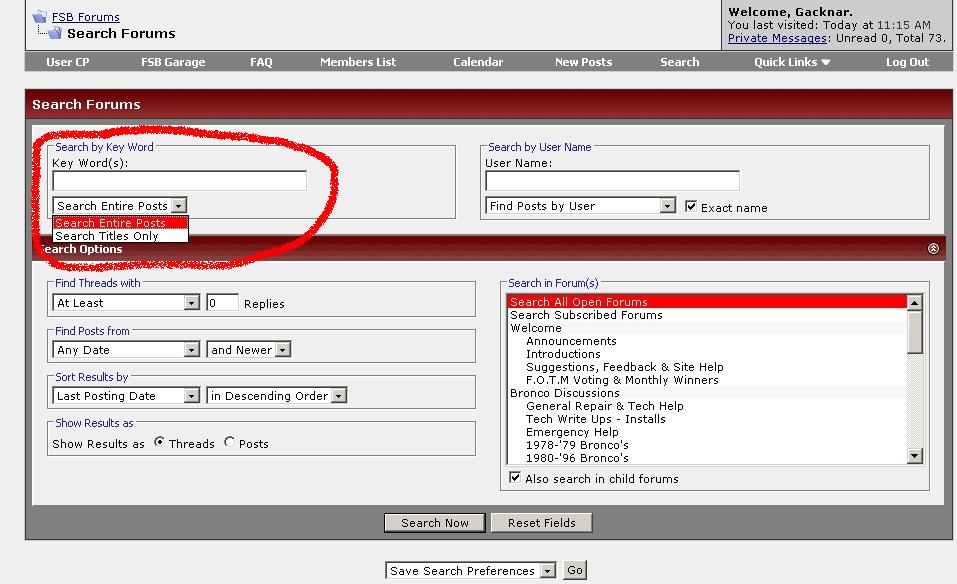 Web forum search page with fields for keywords, user name, and forum selection
