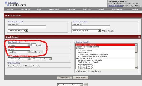 1986 Ford Bronco - SuperMotors forum search page shows options for filtering threads by replies and date.
