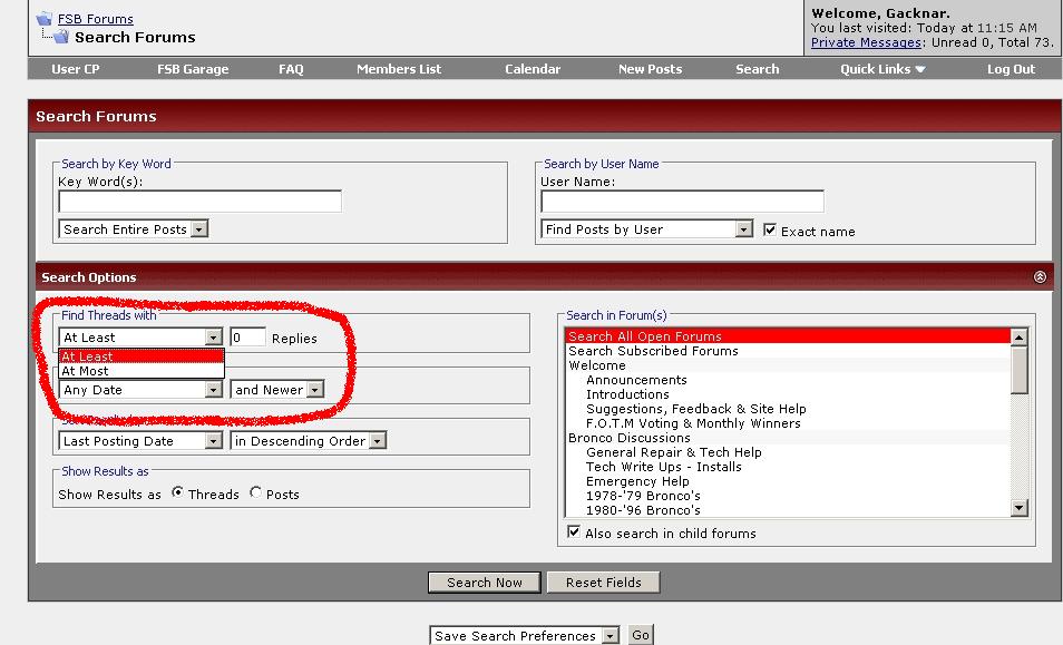 Screenshot of SuperMotors forum search page with 'At Least' highlighted in a dropdown