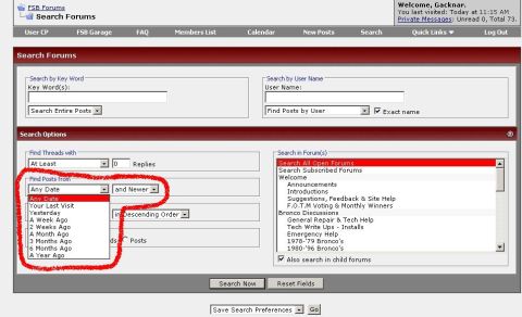 1986 Ford Bronco - A screenshot shows a web forum's search interface with various search options and a dropdown menu for filtering posts by date.