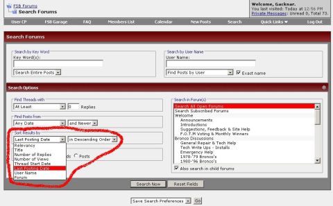 1986 Ford Bronco - A screenshot shows the search interface of the Supermotors.net forum, highlighting sort-by options.