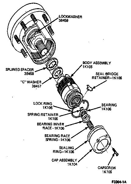 1993 Ford Bronco - Exploded parts diagram of a locking hub assembly showing body, bearing, lock ring, springs, cap, and capscrew with part numbers.