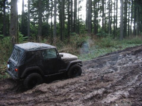 1985 Ford F-150 - A mud-splattered Jeep Wrangler is being pulled along a difficult, muddy path through a dense forest.