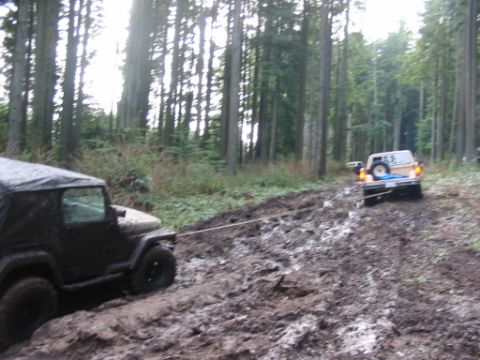 1985 Ford F-150 - Two off-road vehicles navigate a muddy trail in a forest, with one vehicle appearing to be stuck and the other assisting.