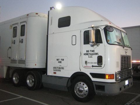 1968 Ford Mustang - White semi-truck with trailer, labeled 'BIG TIME HONEYWAGONS LLC' and 'NOT FOR HIRE'.