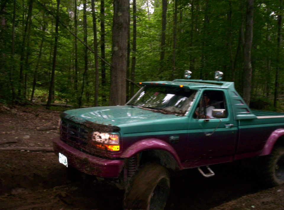 Green and purple pickup truck, 3/4 front view. Muddy